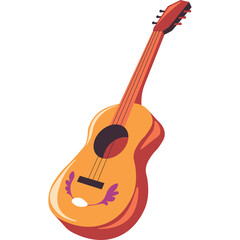 Naklejka premium Acoustic guitar with a warm orange body and purple decorative accents isolated on a clean white background with a pixel art style