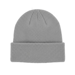 A knitted grey beanie hat with a textured pattern and folded brim displayed on a plain background for winter fashion and warmth