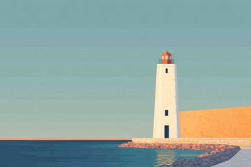 Lighthouse on a pier with a golden sunrise reflection