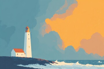 Lighthouse on a misty coast with silhouettes of trees