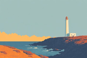 A lighthouse on a pier with a calm evening glow