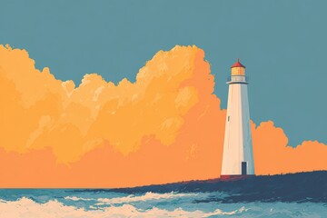 Lighthouse on a cliff in a retro travel poster style