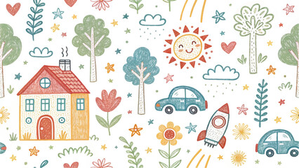 Colorful seamless pattern with cute house, cars, trees, flowers, sun, and clouds. Perfect playful design for children’s textile, wrapping paper, and nursery wall art.