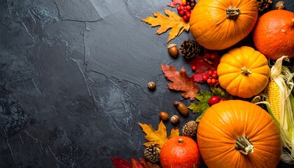 Autumn Harvest - Pumpkins, Corn, and Fall Foliage on Dark Surface.