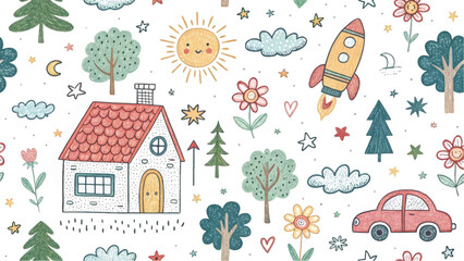 Whimsical kids seamless pattern with house, car, trees, flowers, rocket, sun, and clouds. Hand-drawn doodle background perfect for baby fabrics, wallpaper, and cute nursery .