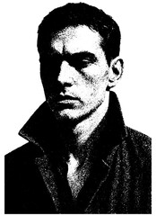 Fototapeta premium Retro xerography portrait of man in shadow, black and white halftone engraving noir art isolated on transparent background