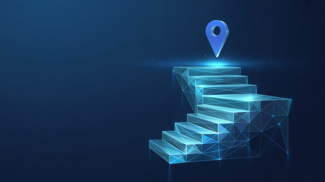 Abstract low poly stairs with a location pin on top conceptual illustration of career path and business success isolated on blue background