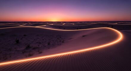 Fototapeta premium Neon Light Path Through Desert Dunes at Sunset.