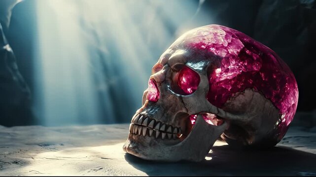 A detailed skull with vibrant pink crystals rests on a weathered surface, illuminated by soft beams of light. This striking skull features intricate designs, creating a fascinating
