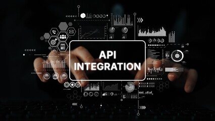 Hands Typing on a Keyboard with Digital Graphics Representing API Integration and Data Analytics Concepts. Asymptotic smart data analytic.
