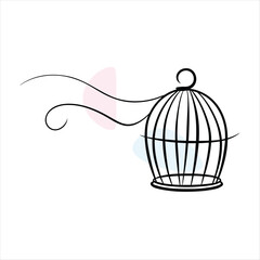 Fototapeta premium Elegant line drawing of an open birdcage with decorative swirls