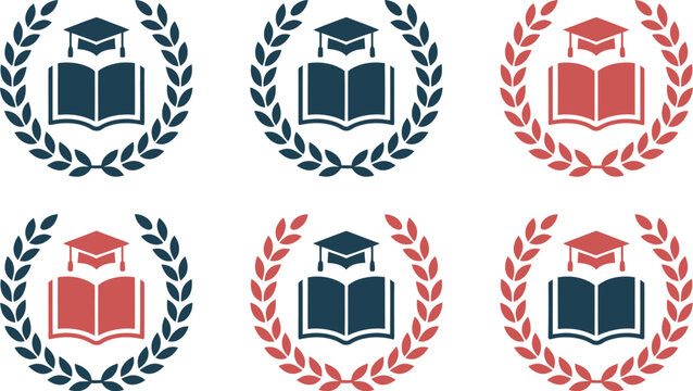 Six circular academic emblems featuring an open book and graduation cap within a laurel wreath.