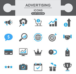 Flat Color Advertising Icons Set: Marketing, Business, Strategy, E-commerce, Promotion, Communication, Success, Digital Media, Campaign, Commerce