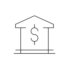 Illustration of a bank building outline with a dollar sign in the center representing finance and banking