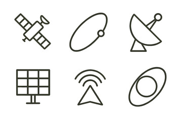Space Exploration Icons. Line style icons of space exploration: satellite icon, orbit path, communication dish, satellite solar