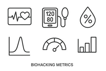 Biohacking Metrics Icons. Line style icons of Biohacking Metrics: heart rate chart, blood pressure monitor, oxygen saturation icon