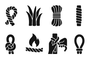 Obraz premium Shibari Elements Icons. Solid style icons of Shibari materials: Jute Rope, Hemp Fiber, Rope Bundle, Winding Stick, Knot Close-Up,