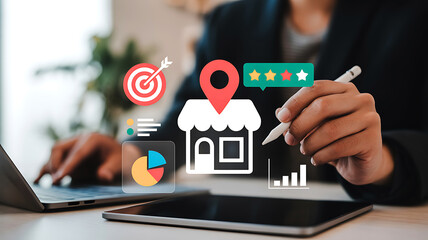 Boost your business with local SEO strategies and data-driven insights on your tablet and laptop, aiming for success and top ratings with digital marketing
