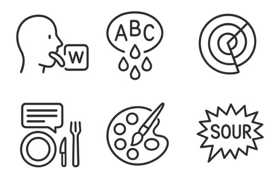 Lexical-Gustatory Icons. Line style icons of Lexical-Gustatory Synesthesia: word with tongue icon, taste bubble from letters,