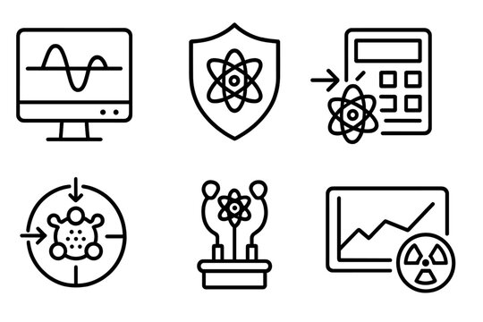 Nuclear Fusion Icons. Line style icons of nuclear fusion: neutron flux monitor, shielding analysis, activation calculation, fusion