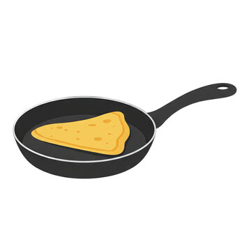 A single triangle shaped piece of golden yellow tortilla or pancake cooking in a black non-stick frying pan with a long black handle on a transparent background