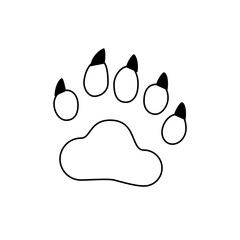 Illustration of a bear paw print with claws and rounded pads in a simple black and white outline style