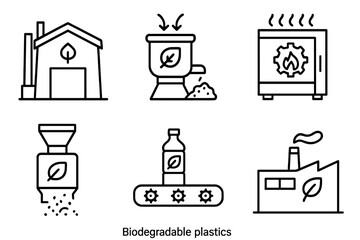 Biodegradable Plastics Icons. Line style icons of biodegradable plastics: industrial composting facility, compost machine icon,