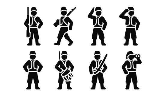 Zouave Soldier Icons. Solid style icons of Zouave soldier posture: Standing Guard, Marching Pose, Rifle Over Shoulder, Salute