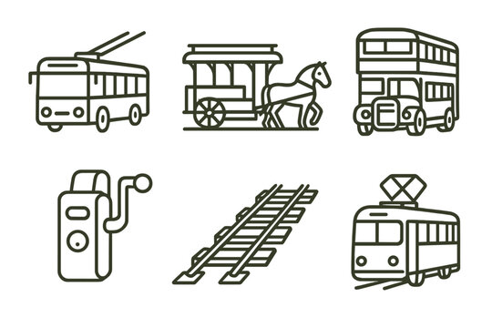 Vintage Transport Icons. Line style icons of Historical Public Transport: trolleybus, horse tram, vintage double-decker,
