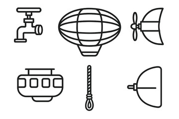 Retro Airship Icons. Line style icons of Retro Airship Details: hydrogen valve, balloon envelope, hanging gondola, propeller fins,