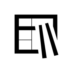 Abstract square design with internal grid and two diagonal bars leaning against its right side in black and white