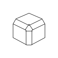 Isometric view of a truncated cube with a pointed roof like structure on top rendered in black outline