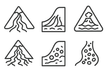 Fototapeta premium Volcanology Line Icons. Line style icons of volcanology: lahar flow, mudslide path, sediment deposit, lahar warning icon, volcanic