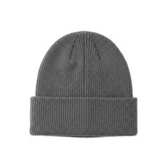 A speckled grey knit beanie with a folded brim displayed against a transparent background, showcasing winter headwear for cold weather.