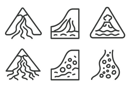 Volcanology Line Icons. Line style icons of volcanology: lahar flow, mudslide path, sediment deposit, lahar warning icon, volcanic