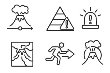 Volcanology Icon Collection. Line style icons of volcanology: eruption timeline, volcanic alert level, emergency warning icon,