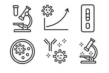 Microbiology Icon Suite. Line style icons of microbiology: virology tools, viral load chart, RT-PCR test, antigen test icon, viral