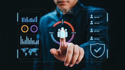 Innovative business leader accessing global HR data with futuristic digital interface, showcasing team management, security, and dynamic data analysis in technology