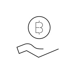 Hand holding a bitcoin coin with a simple line drawing on a white background in minimalist style art
