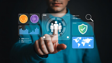 Professional using innovative virtual interface for global business data, secure network, and team collaboration in modern digital workspace environment