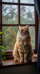 Ginger Cat Gazing Out Window on Rainy Day.