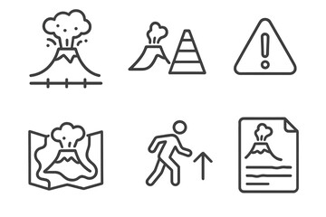 Volcanology Icon Collection. Line style icons of volcanology: eruption timeline, volcanic alert level, emergency warning icon,