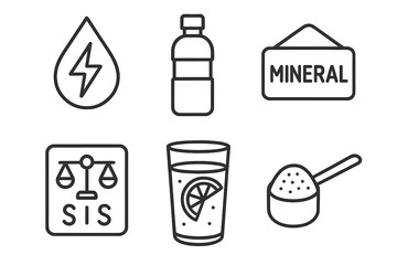 Intermittent Fasting Essentials. Line style icons of intermittent fasting: hydration and electrolytes, water bottle icon, mineral