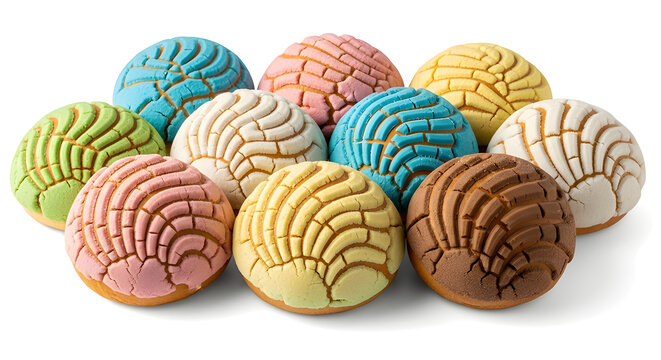 Vibrant Mexican conchas with soft bread texture and sugar shell pattern, isolated on white, studio-lit bakery photo