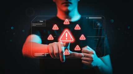 Man interacts with a futuristic data screen showing warning signs and AI, a modern concept for digital security alerts and system errors