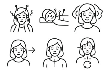 Acupuncture Icons Set. Line style icons of acupuncture: anxiety and stress relief, relaxed posture with needles, calm wave around
