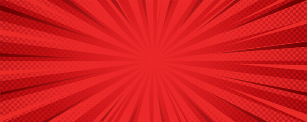 Vibrant red comic book sunburst background with radial rays and halftone dot pop art effect.