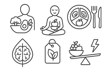 Fototapeta premium Holistic Healing Icons. Line style icons of holistic healing: holistic nutrition, mindful eating icon, whole foods plate, organic