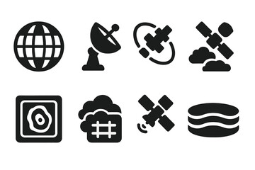 Fototapeta premium Satellite Observation Tools. Solid style icons of satellite observation tools: Earth View Grid, Satellite Dish, Orbital Path,