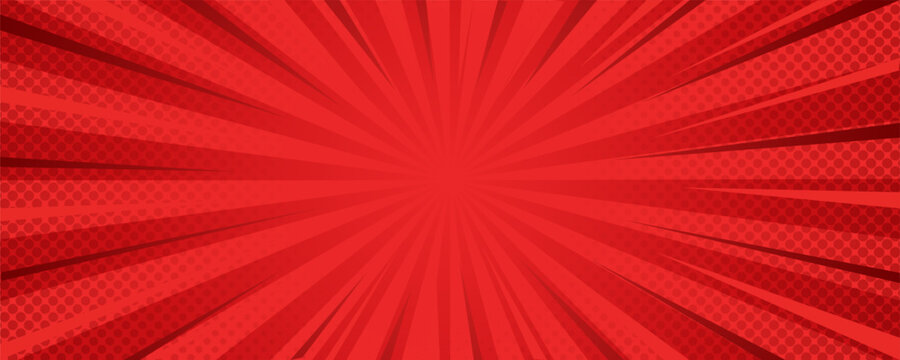 Vibrant red comic book sunburst background with radial rays and halftone dot pop art effect.